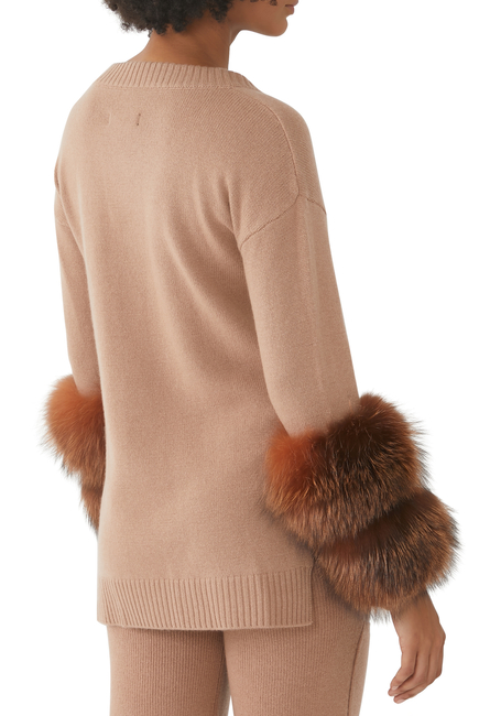 V-Neck Sweater With Faux-Fur Cuff